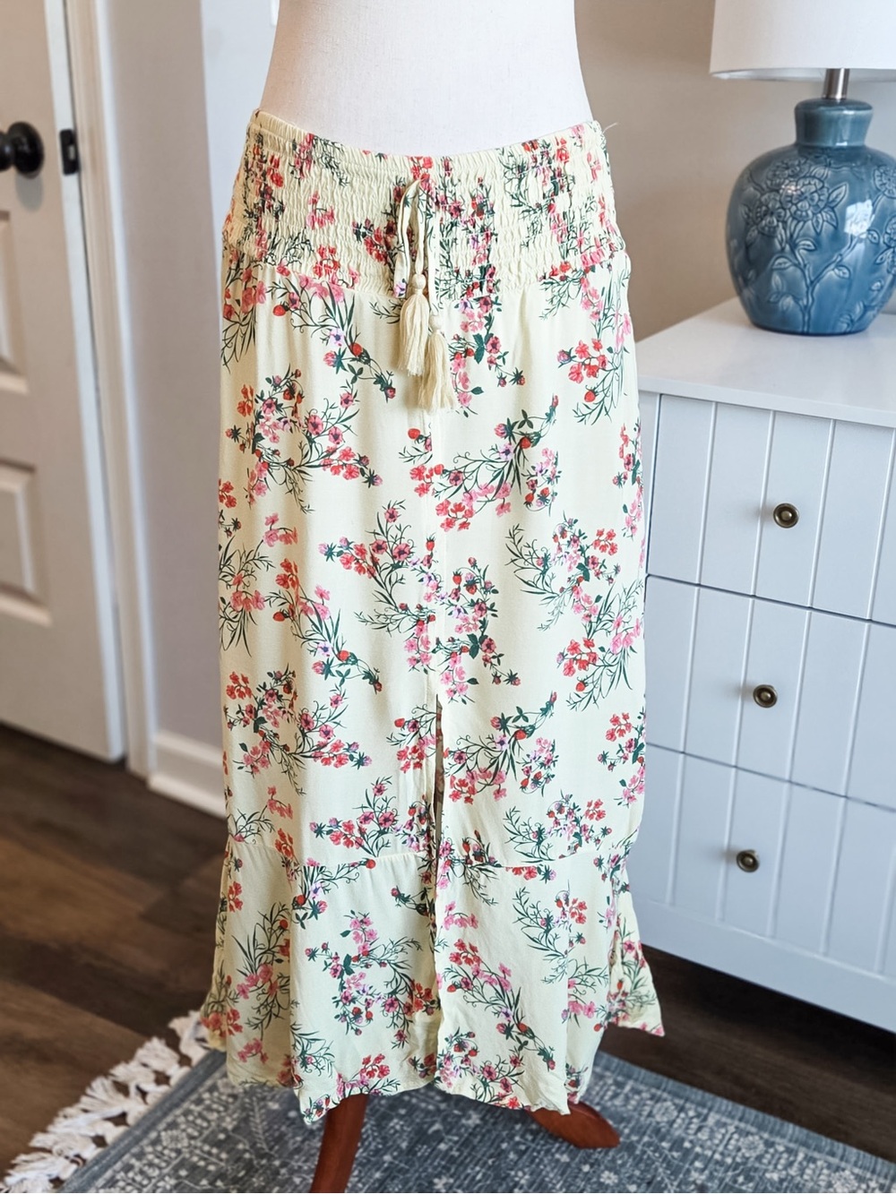 Floral Tie-Waist Midi Skirt in Yellow
